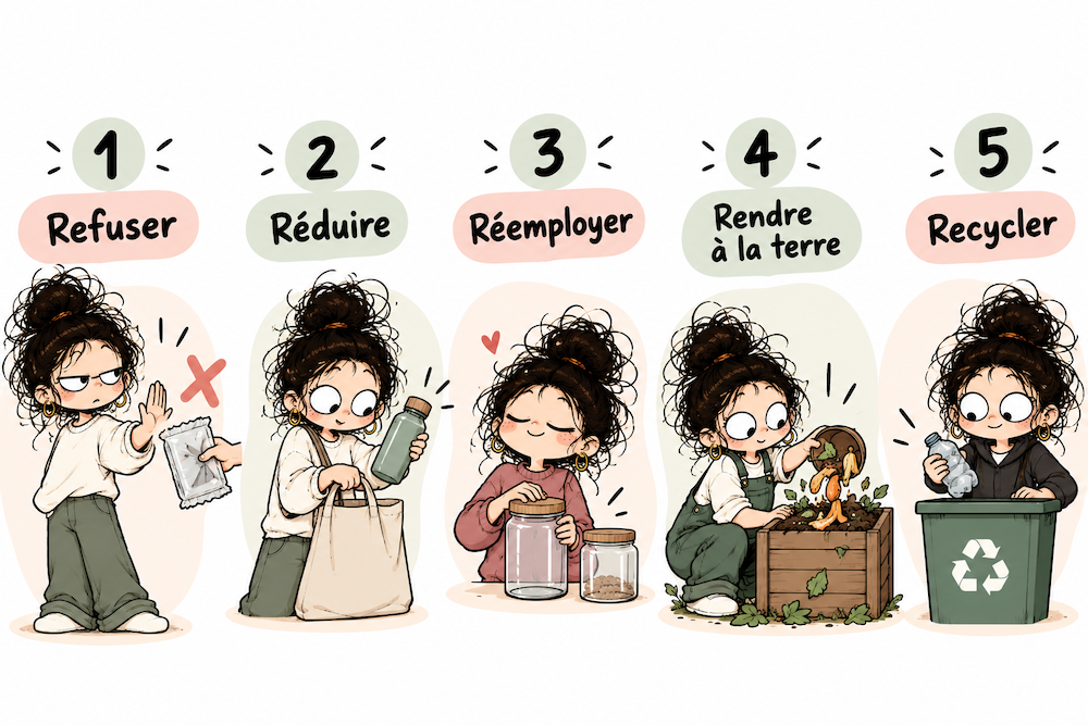 Infographie des 5R Les cinq principes du zéro déchet : refuser, réduire, réemployer, rendre à la terre et recycler.